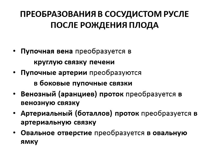 ПРЕОБРАЗОВАНИЯ В СОСУДИСТОМ РУСЛЕ ПОСЛЕ РОЖДЕНИЯ ПЛОДА Пупочная вена преобразуется в   